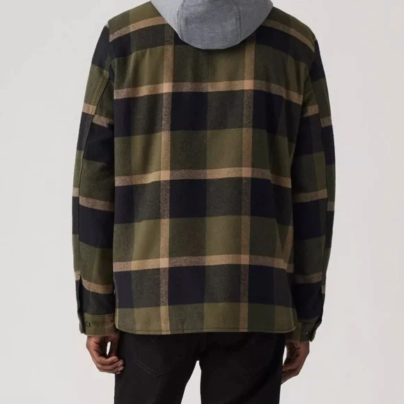 Levi’s Green Plaid Cotton Shirt Jacket With Hoodie Medium